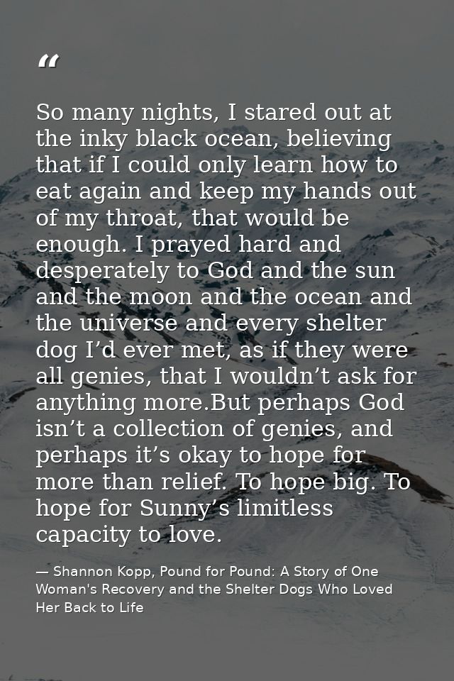 So many nights, I stared out at the inky black ocean, believing that if I could only learn how to eat again and keep my  — Shannon Kopp, Pound for Pound: A Story of One Woman's Recovery and the Shelter Dogs Who Loved Her Back to Life