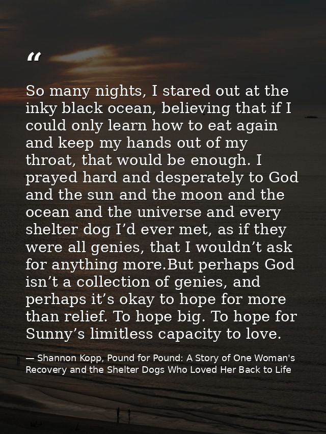 So many nights, I stared out at the inky black ocean, believing that if I could only learn how to eat again and keep my  — Shannon Kopp, Pound for Pound: A Story of One Woman's Recovery and the Shelter Dogs Who Loved Her Back to Life