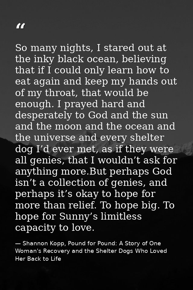 So many nights, I stared out at the inky black ocean, believing that if I could only learn how to eat again and keep my  — Shannon Kopp, Pound for Pound: A Story of One Woman's Recovery and the Shelter Dogs Who Loved Her Back to Life