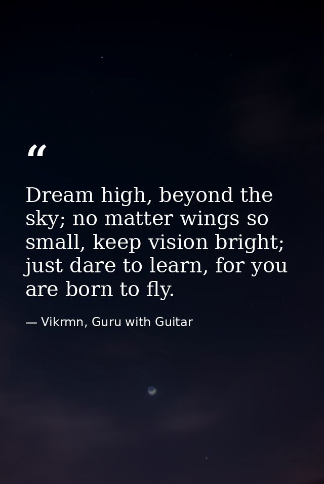 Dream high, beyond the sky; no matter wings so small, keep vision bright; just dare to learn, for you are born to fly. — Vikrmn, Guru with Guitar