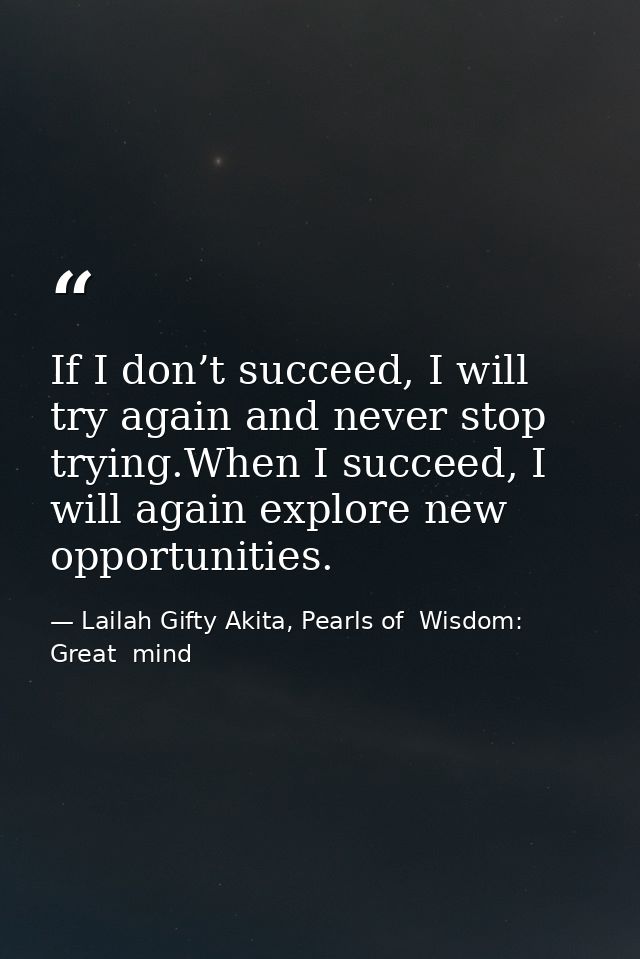 If I don’t succeed, I will try again and never stop trying.When I succeed, I will again explore new opportunities. — Lailah Gifty Akita, Pearls of  Wisdom: Great  mind