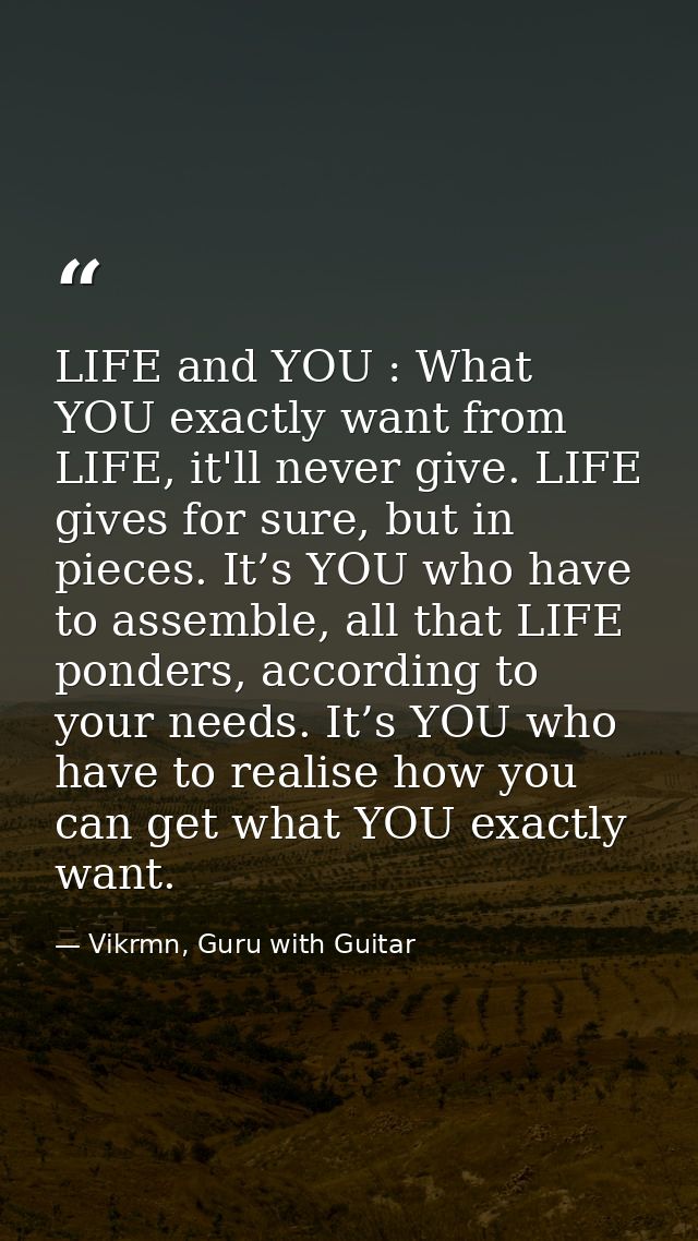 LIFE and YOU : What YOU exactly want from LIFE, it'll never give. LIFE gives for sure, but in pieces. It’s YOU who have  — Vikrmn, Guru with Guitar
