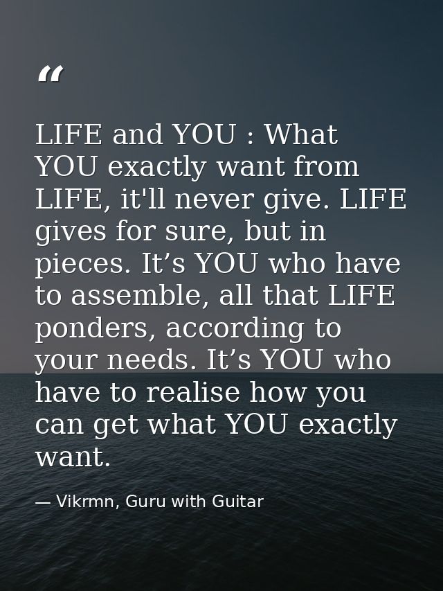 LIFE and YOU : What YOU exactly want from LIFE, it'll never give. LIFE gives for sure, but in pieces. It’s YOU who have  — Vikrmn, Guru with Guitar