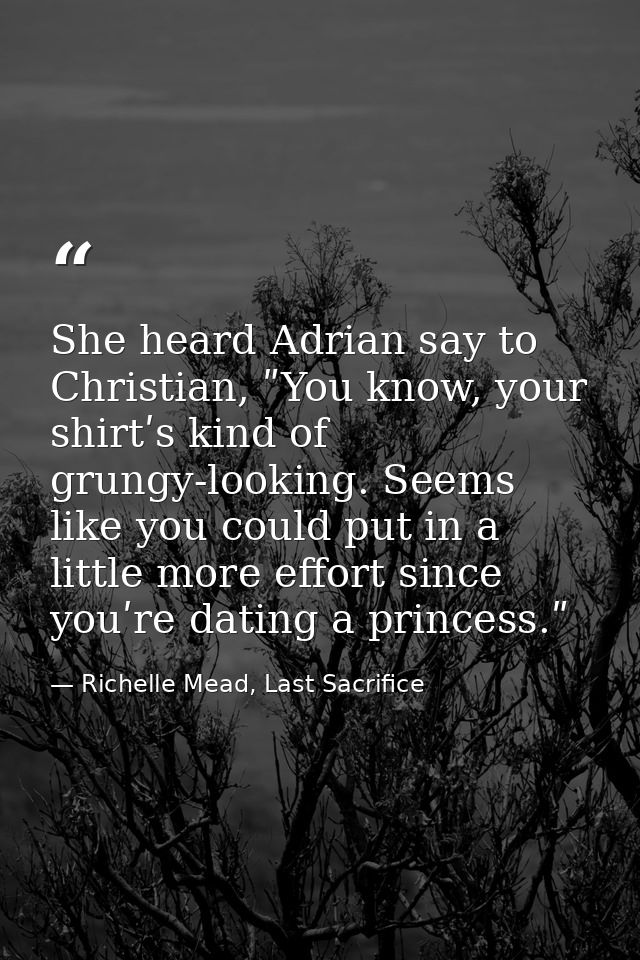 She heard Adrian say to Christian, ʺYou know, your shirtʹs kind of grungy-looking. Seems like you could put in a little  — Richelle Mead, Last Sacrifice