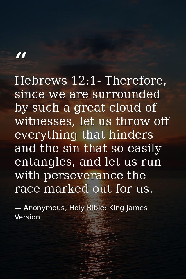 Hebrews 12:1- Therefore, since we are surrounded by such a great cloud of witnesses, let us throw off everything that hi — Anonymous, Holy Bible: King James Version