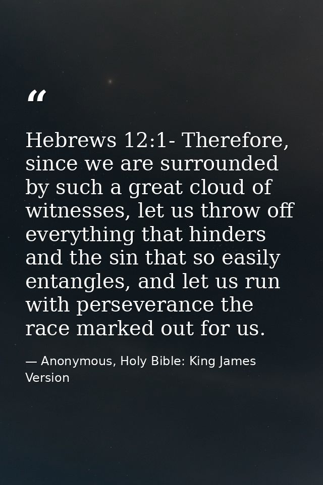 Hebrews 12:1- Therefore, since we are surrounded by such a great cloud of witnesses, let us throw off everything that hi — Anonymous, Holy Bible: King James Version