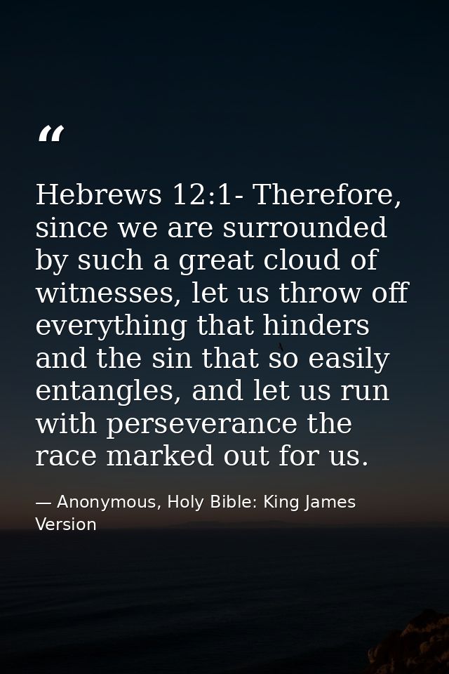 Hebrews 12:1- Therefore, since we are surrounded by such a great cloud of witnesses, let us throw off everything that hi — Anonymous, Holy Bible: King James Version