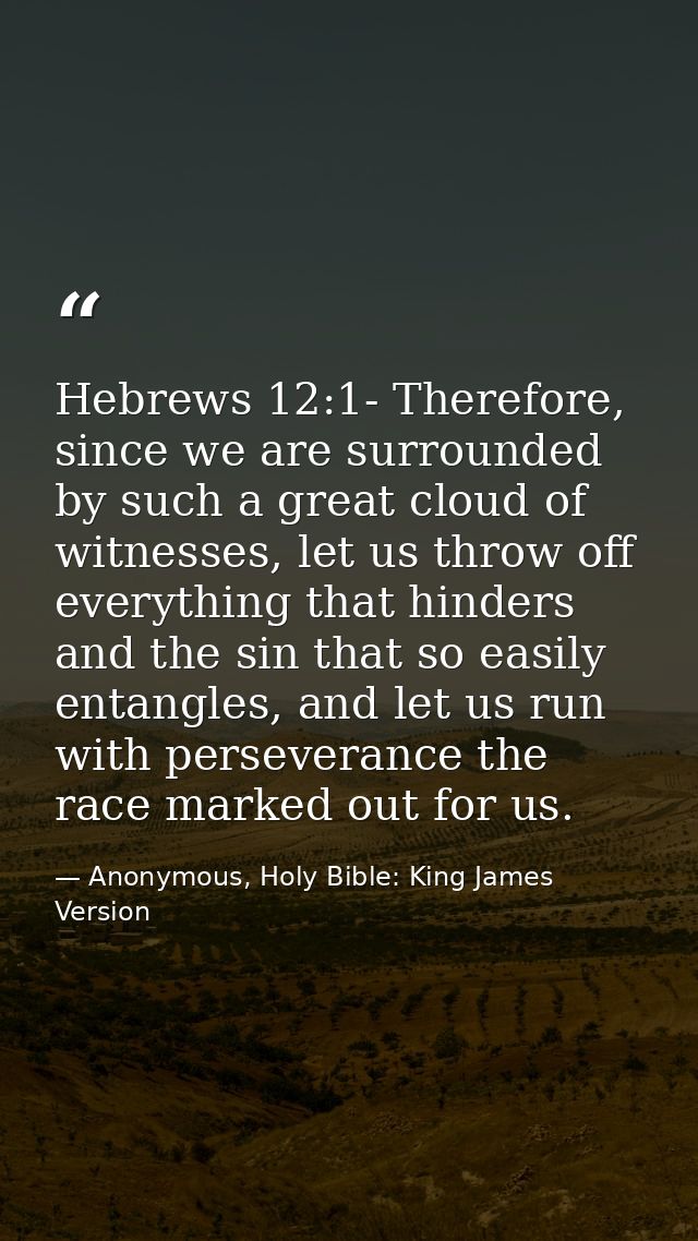 Hebrews 12:1- Therefore, since we are surrounded by such a great cloud of witnesses, let us throw off everything that hi — Anonymous, Holy Bible: King James Version