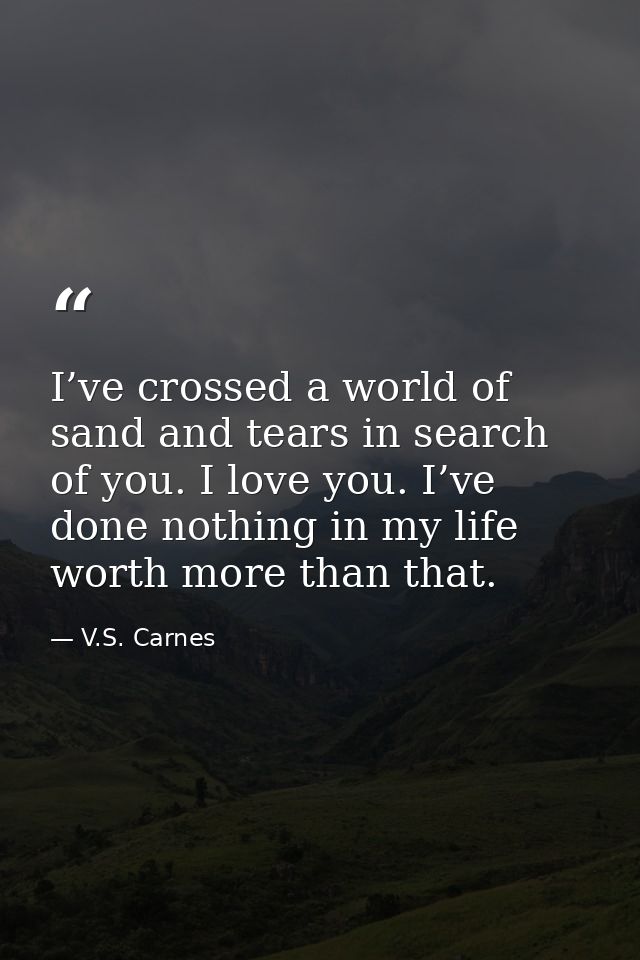 I’ve crossed a world of sand and tears in search of you. I love you. I’ve done nothing in my life worth more than that. — V.S. Carnes