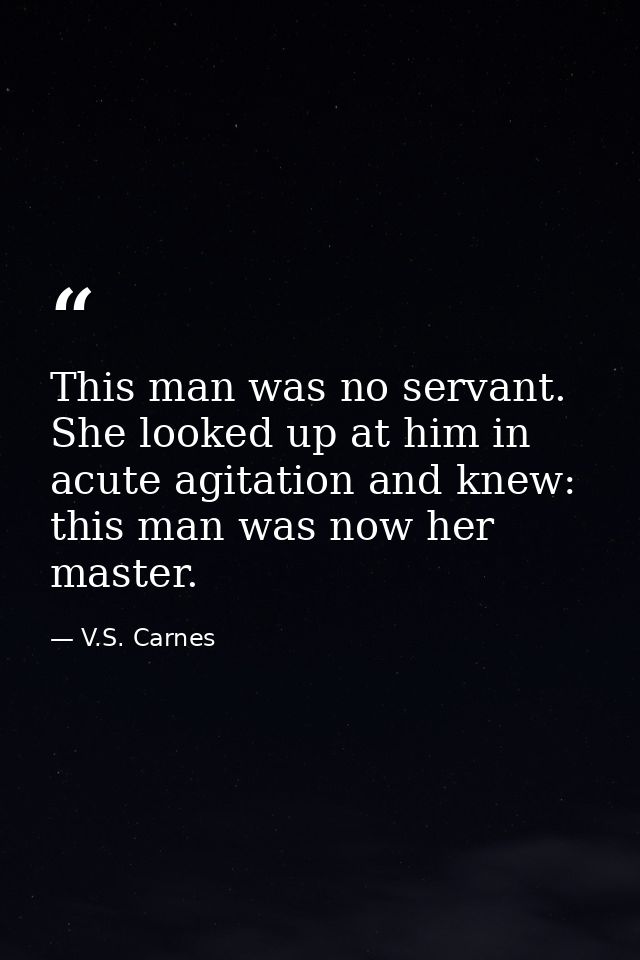 This man was no servant. She looked up at him in acute agitation and knew: this man was now her master. — V.S. Carnes