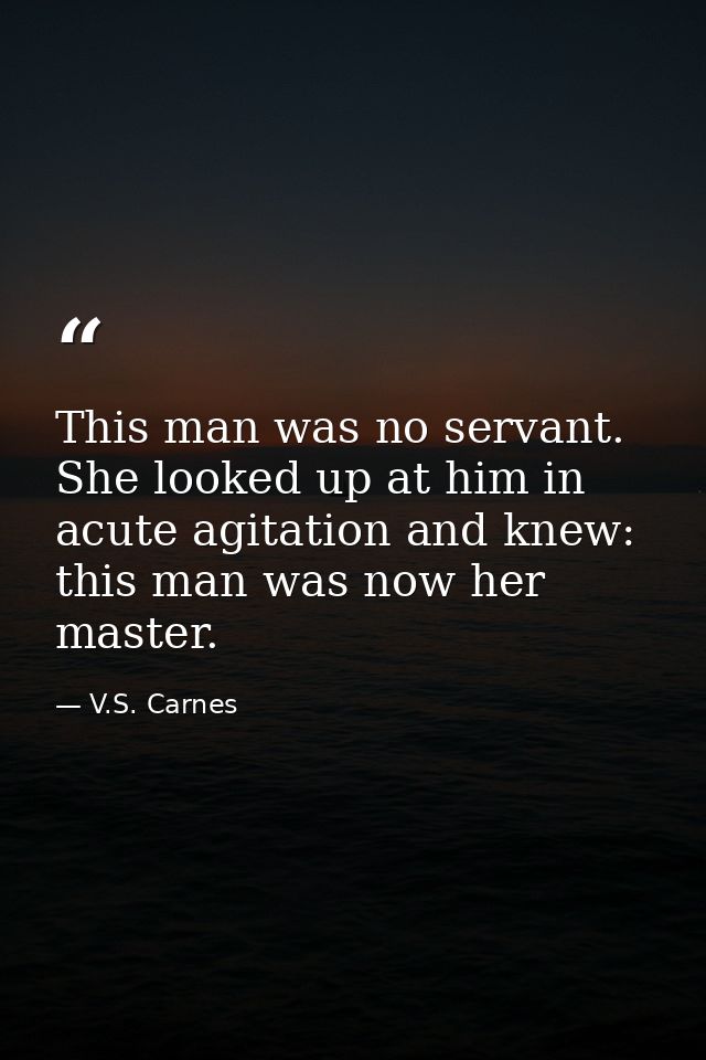 This man was no servant. She looked up at him in acute agitation and knew: this man was now her master. — V.S. Carnes