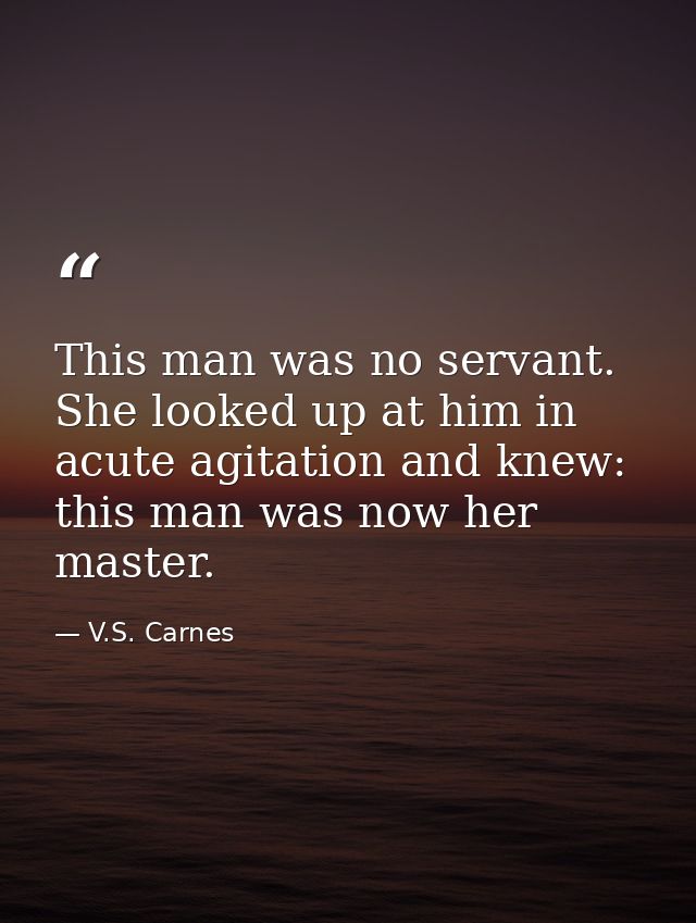 This man was no servant. She looked up at him in acute agitation and knew: this man was now her master. — V.S. Carnes