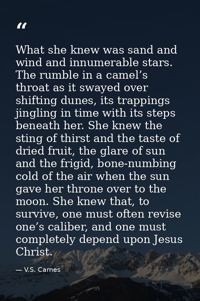 What she knew was sand and wind and innumerable stars. The rumble in a camel’s throat as it swayed over shifting dunes,  — V.S. Carnes