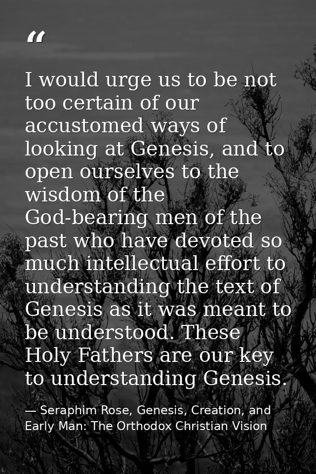 I would urge us to be not too certain of our accustomed ways of looking at Genesis, and to open ourselves to the wisdom  — Seraphim Rose, Genesis, Creation, and Early Man: The Orthodox Christian Vision