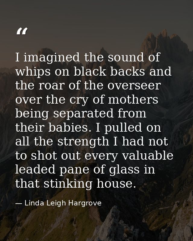 I imagined the sound of whips on black backs and the roar of the overseer over the cry of mothers being separated from t — Linda Leigh Hargrove