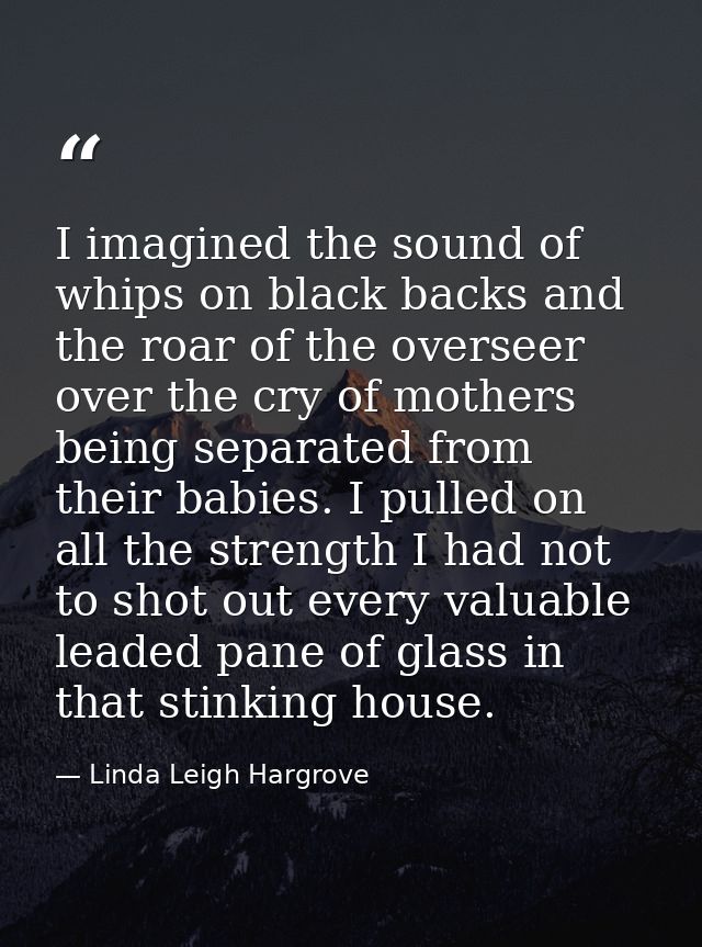 I imagined the sound of whips on black backs and the roar of the overseer over the cry of mothers being separated from t — Linda Leigh Hargrove