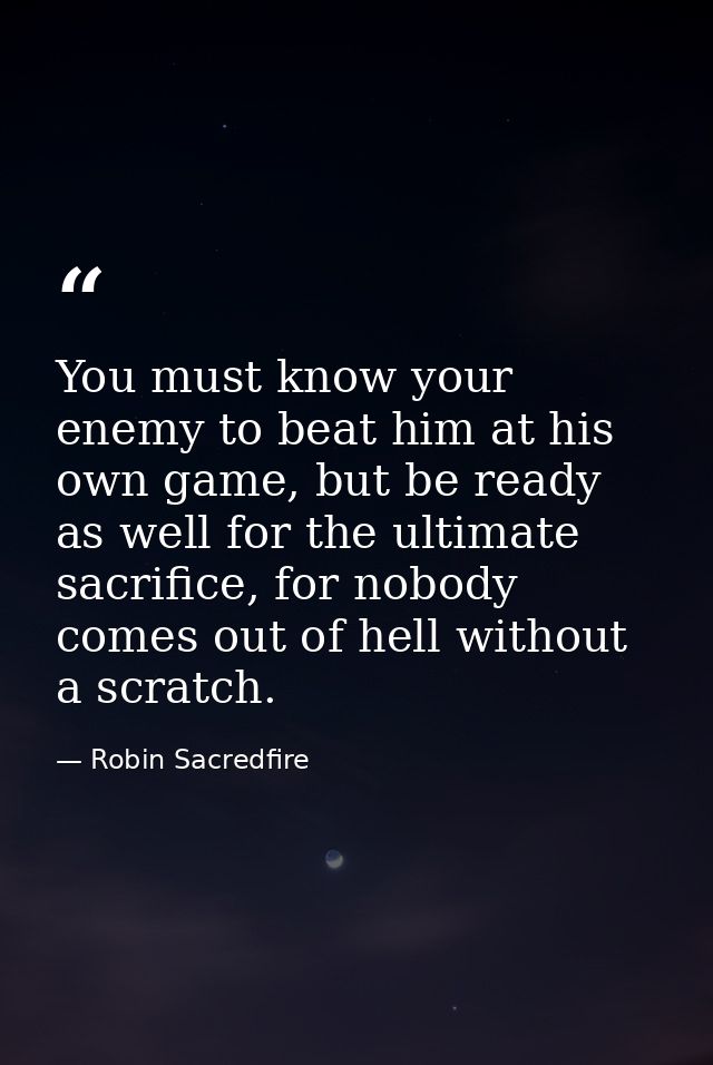You must know your enemy to beat him at his own game, but be ready as well for the ultimate sacrifice, for nobody comes  — Robin Sacredfire