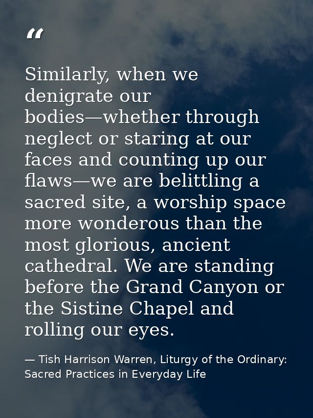Similarly, when we denigrate our bodies—whether through neglect or staring at our faces and counting up our flaws—we are — Tish Harrison Warren, Liturgy of the Ordinary: Sacred Practices in Everyday Life