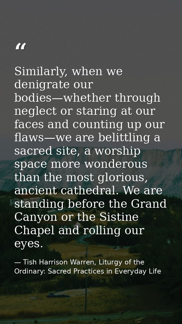 Similarly, when we denigrate our bodies—whether through neglect or staring at our faces and counting up our flaws—we are — Tish Harrison Warren, Liturgy of the Ordinary: Sacred Practices in Everyday Life
