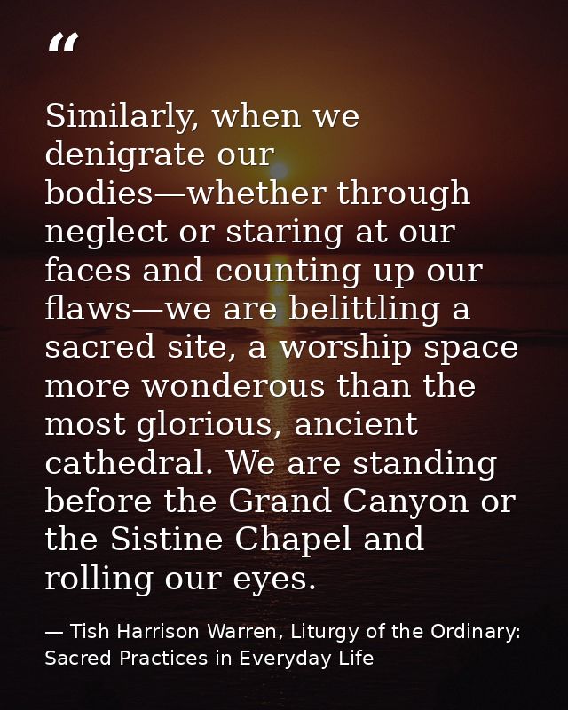 Similarly, when we denigrate our bodies—whether through neglect or staring at our faces and counting up our flaws—we are — Tish Harrison Warren, Liturgy of the Ordinary: Sacred Practices in Everyday Life