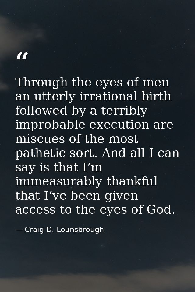Through the eyes of men an utterly irrational birth followed by a terribly improbable execution are miscues of the most  — Craig D. Lounsbrough