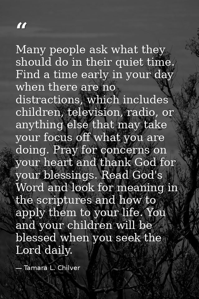 Many people ask what they should do in their quiet time. Find a time early in your day when there are no distractions, w — Tamara L. Chilver