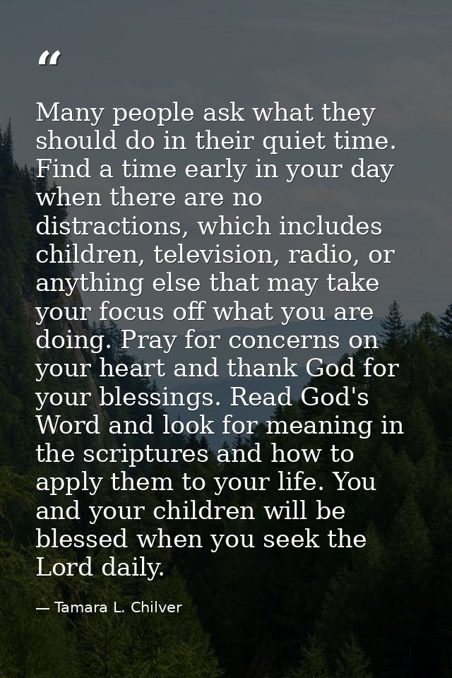 Many people ask what they should do in their quiet time. Find a time early in your day when there are no distractions, w — Tamara L. Chilver