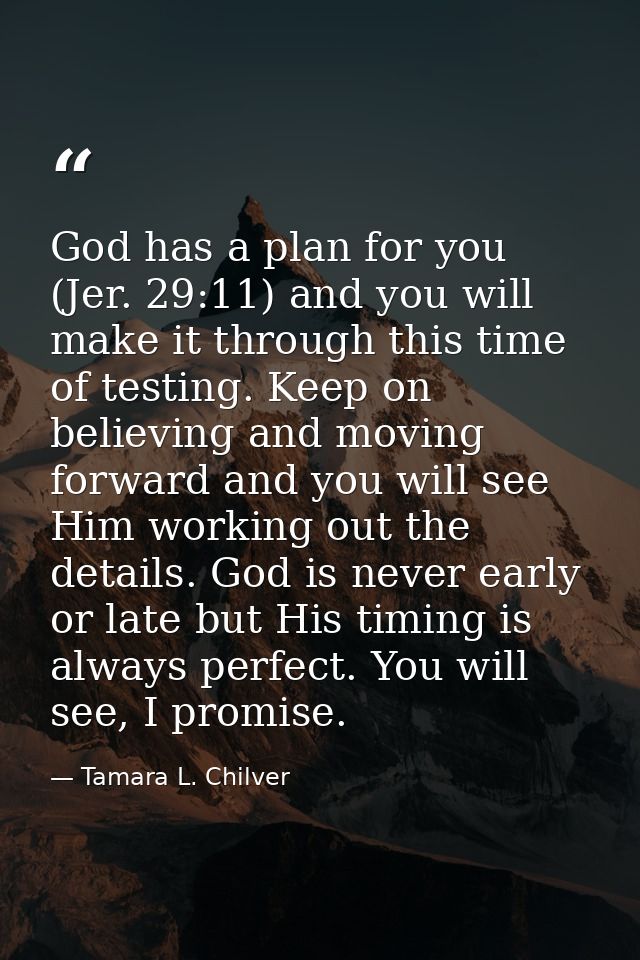 God has a plan for you (Jer. 29:11) and you will make it through this time of testing. Keep on believing and moving forw — Tamara L. Chilver