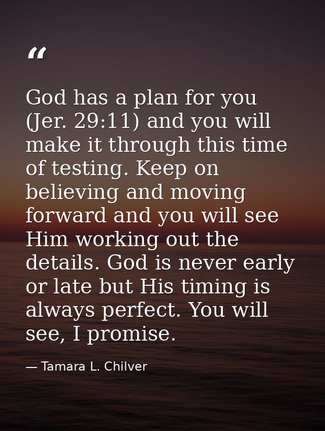 God has a plan for you (Jer. 29:11) and you will make it through this time of testing. Keep on believing and moving forw — Tamara L. Chilver