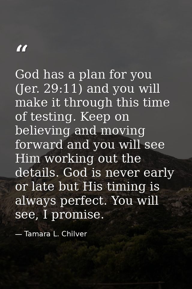 God has a plan for you (Jer. 29:11) and you will make it through this time of testing. Keep on believing and moving forw — Tamara L. Chilver