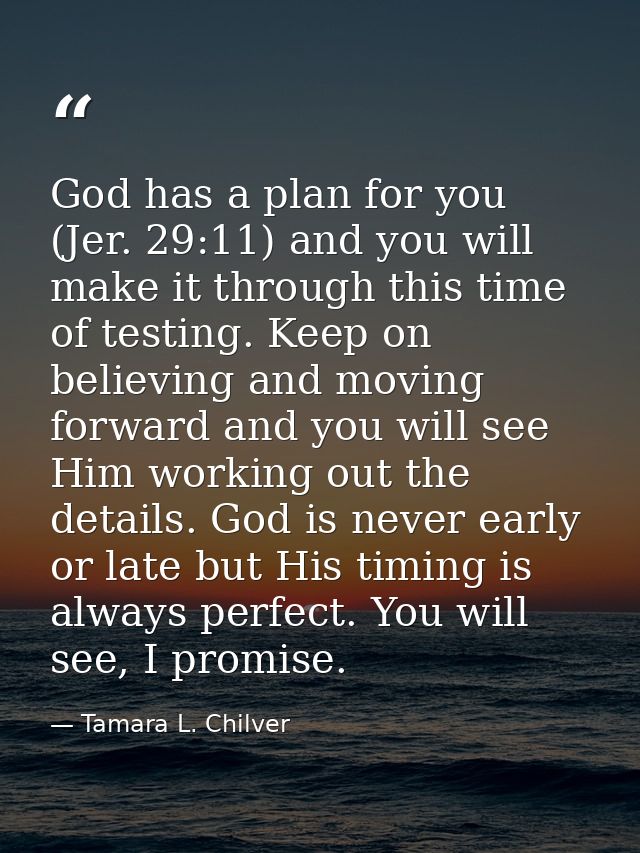 God has a plan for you (Jer. 29:11) and you will make it through this time of testing. Keep on believing and moving forw — Tamara L. Chilver