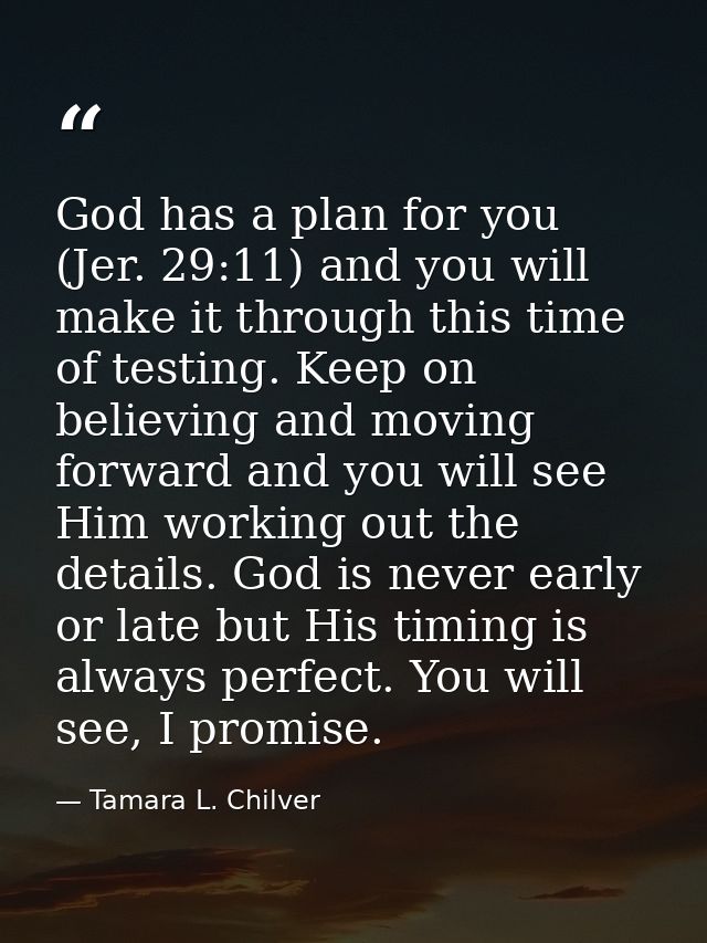 God has a plan for you (Jer. 29:11) and you will make it through this time of testing. Keep on believing and moving forw — Tamara L. Chilver