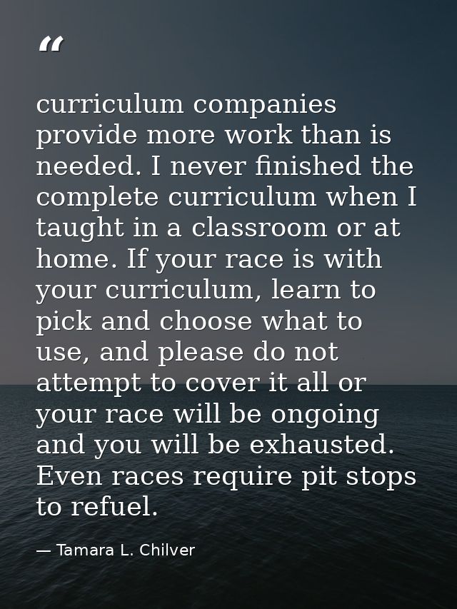 curriculum companies provide more work than is needed. I never finished the complete curriculum when I taught in a class — Tamara L. Chilver