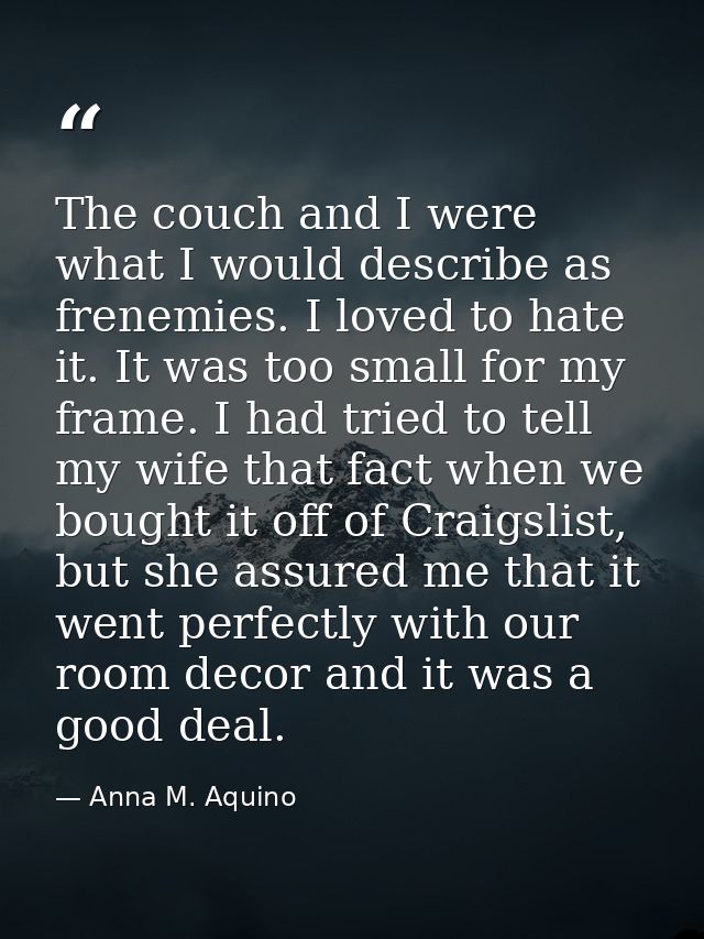 The couch and I were what I would describe as frenemies. I loved to hate it. It was too small for my frame. I had tried  — Anna M. Aquino