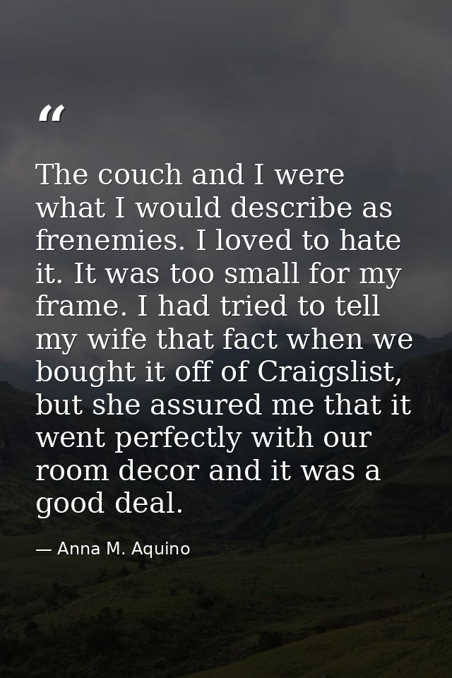 The couch and I were what I would describe as frenemies. I loved to hate it. It was too small for my frame. I had tried  — Anna M. Aquino