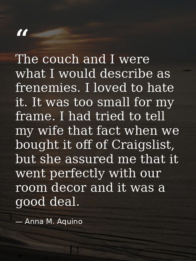 The couch and I were what I would describe as frenemies. I loved to hate it. It was too small for my frame. I had tried  — Anna M. Aquino