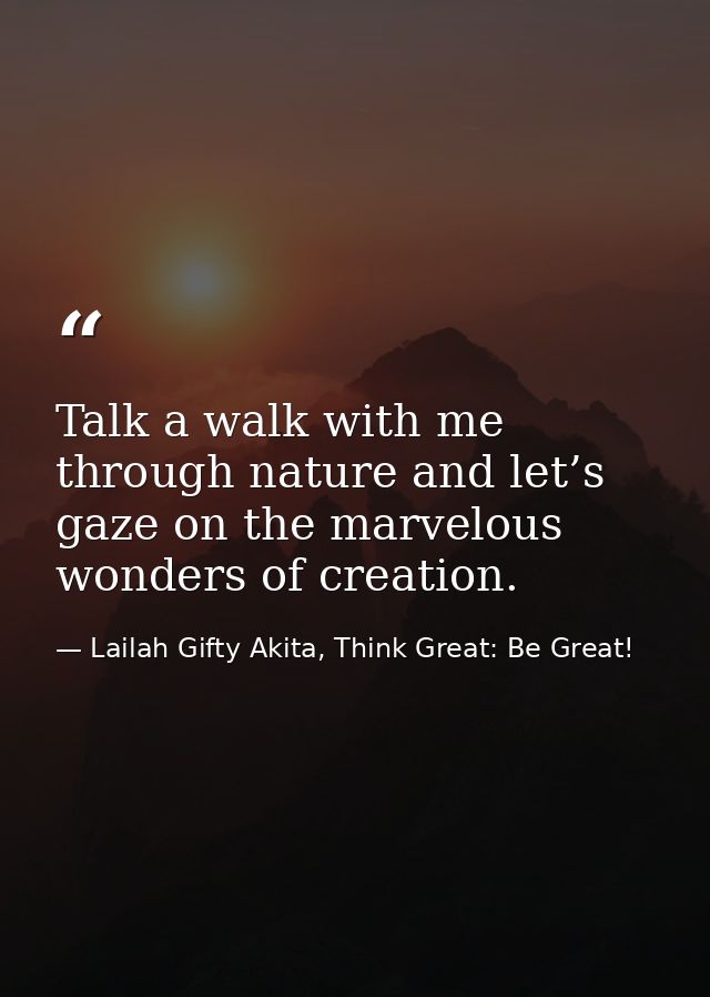 Talk a walk with me through nature and let’s gaze on the marvelous wonders of creation. — Lailah Gifty Akita, Think Great: Be Great!