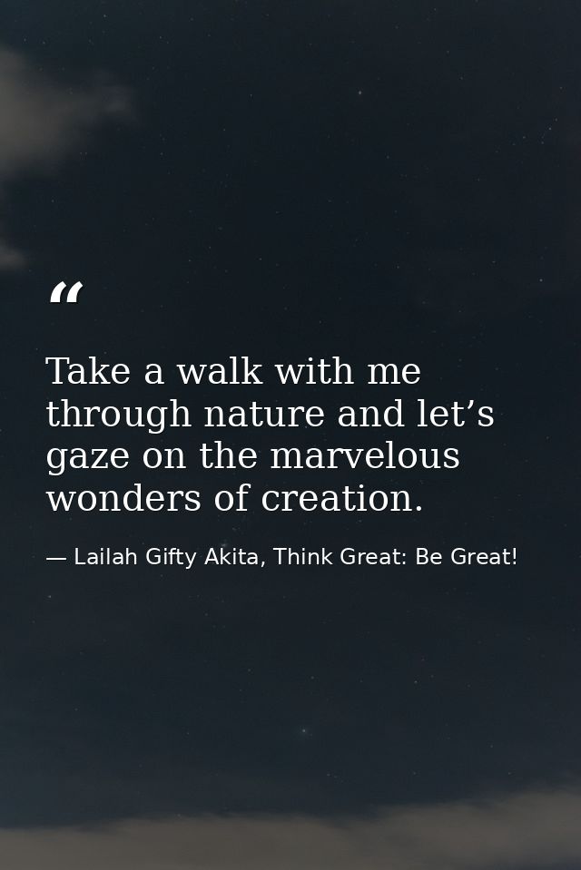 Take a walk with me through nature and let’s gaze on the marvelous wonders of creation. — Lailah Gifty Akita, Think Great: Be Great!