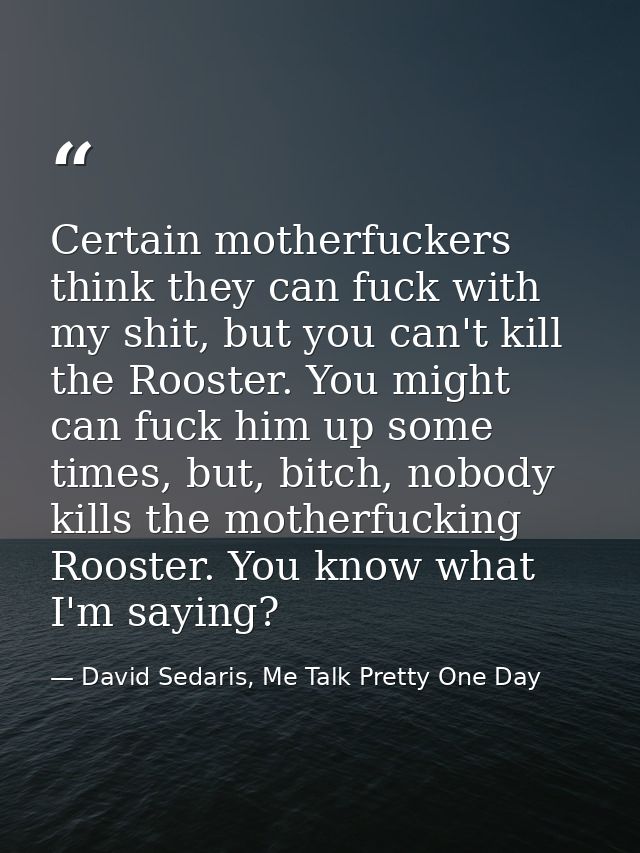 Certain motherfuckers think they can fuck with my shit, but you can't kill the Rooster. You might can fuck him up some t — David Sedaris, Me Talk Pretty One Day
