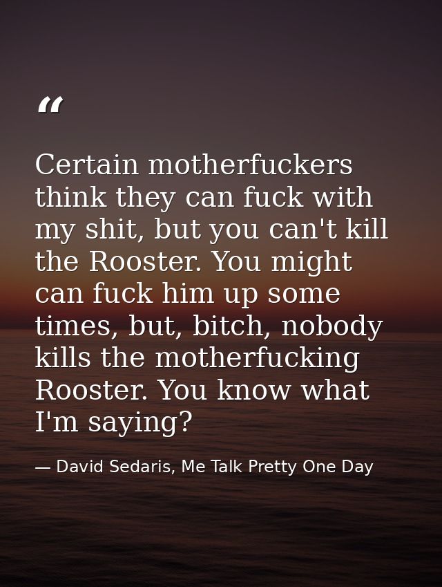 Certain motherfuckers think they can fuck with my shit, but you can't kill the Rooster. You might can fuck him up some t — David Sedaris, Me Talk Pretty One Day