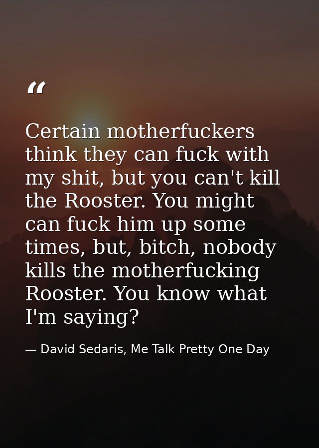 Certain motherfuckers think they can fuck with my shit, but you can't kill the Rooster. You might can fuck him up some t — David Sedaris, Me Talk Pretty One Day