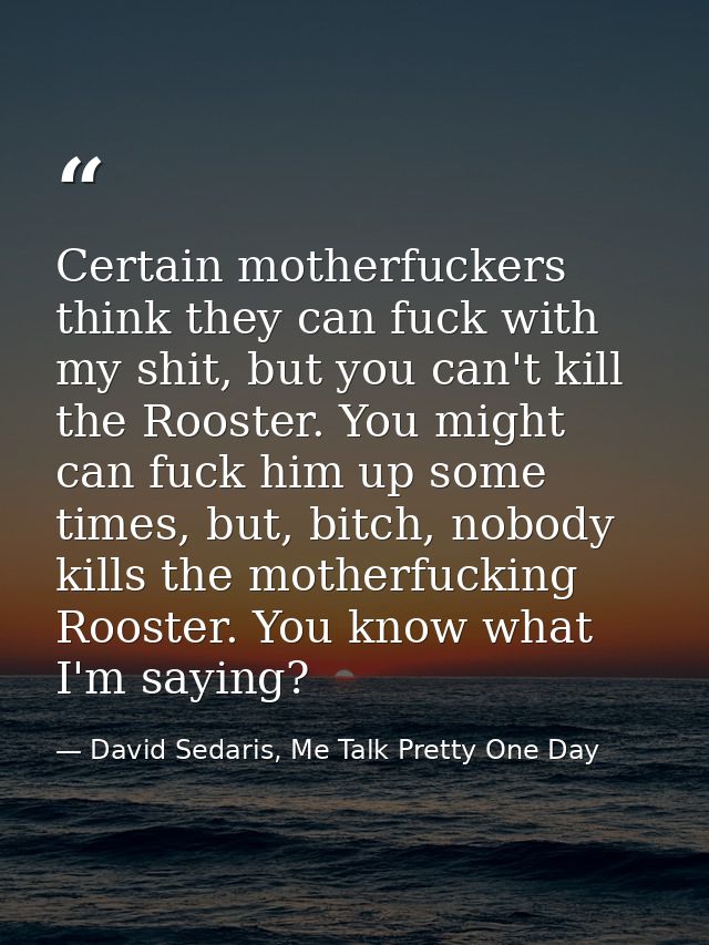 Certain motherfuckers think they can fuck with my shit, but you can't kill the Rooster. You might can fuck him up some t — David Sedaris, Me Talk Pretty One Day
