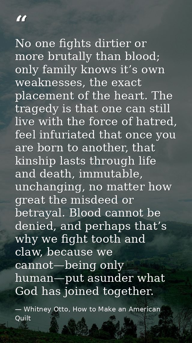 No one fights dirtier or more brutally than blood; only family knows it’s own weaknesses, the exact placement of the hea — Whitney Otto, How to Make an American Quilt