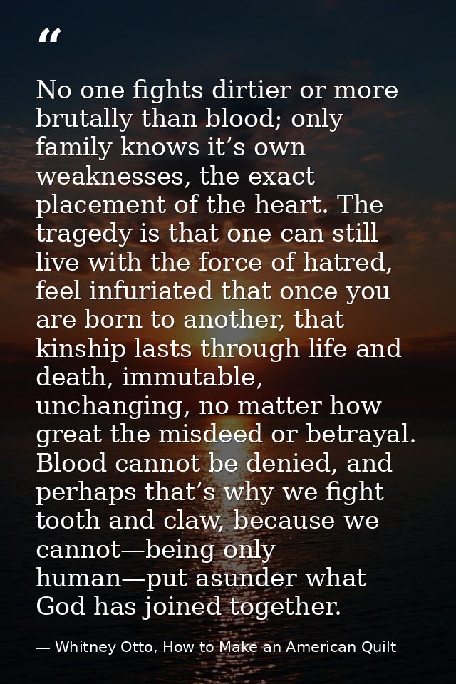 No one fights dirtier or more brutally than blood; only family knows it’s own weaknesses, the exact placement of the hea — Whitney Otto, How to Make an American Quilt
