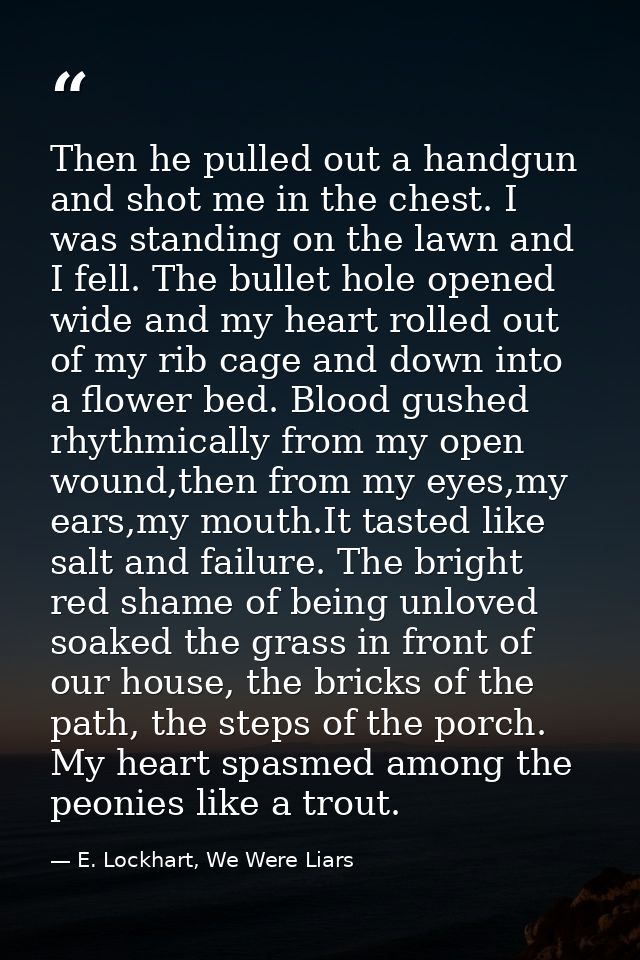 Then he pulled out a handgun and shot me in the chest. I was standing on the lawn and I fell. The bullet hole opened wid — E. Lockhart, We Were Liars