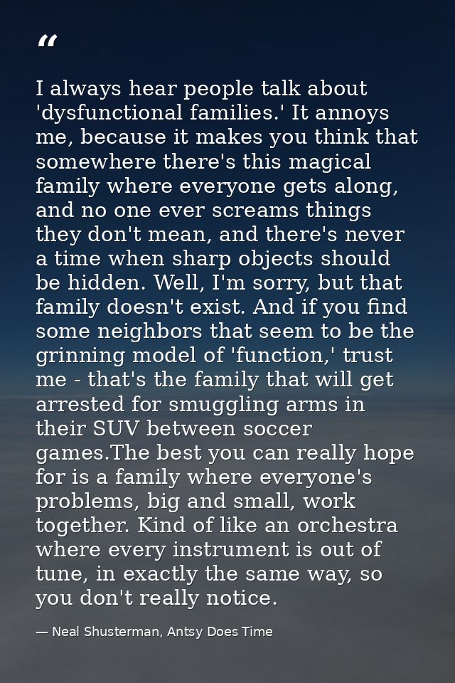 I always hear people talk about 'dysfunctional families.' It annoys me, because it makes you think that somewhere there' — Neal Shusterman, Antsy Does Time