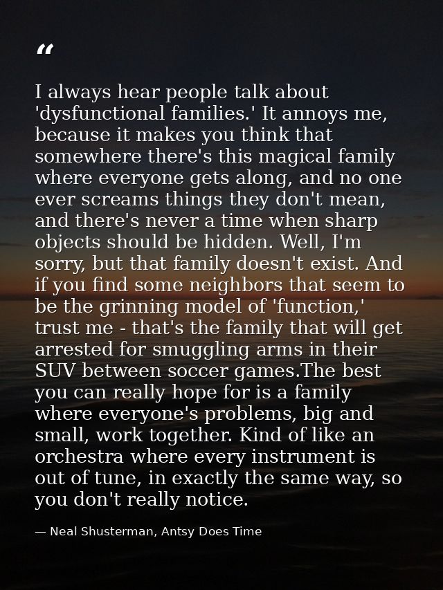 I always hear people talk about 'dysfunctional families.' It annoys me, because it makes you think that somewhere there' — Neal Shusterman, Antsy Does Time