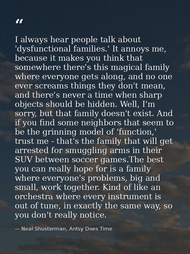 I always hear people talk about 'dysfunctional families.' It annoys me, because it makes you think that somewhere there' — Neal Shusterman, Antsy Does Time