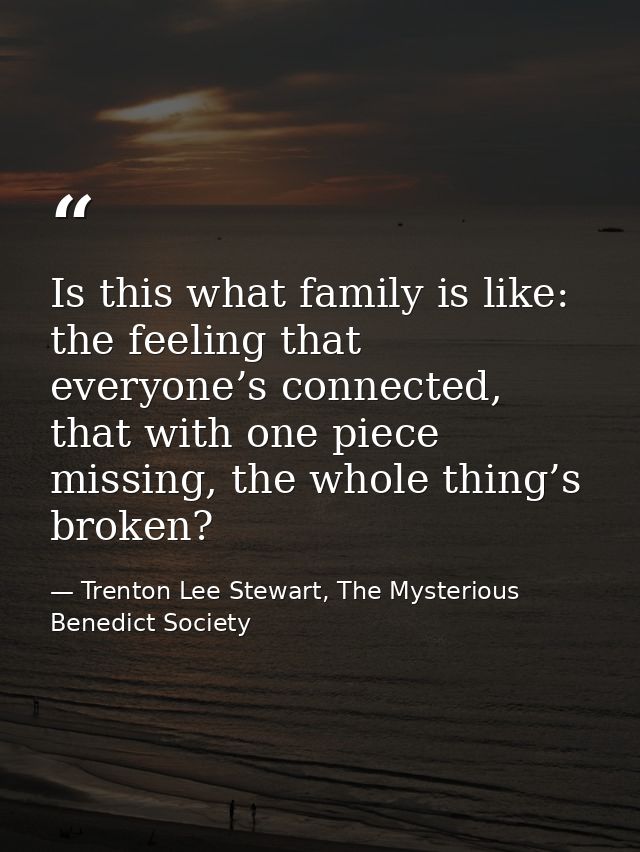 Is this what family is like: the feeling that everyone’s connected, that with one piece missing, the whole thing’s broke — Trenton Lee Stewart, The Mysterious Benedict Society