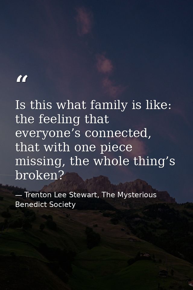 Is this what family is like: the feeling that everyone’s connected, that with one piece missing, the whole thing’s broke — Trenton Lee Stewart, The Mysterious Benedict Society